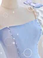 Modest Princess Short Sleeves Long Blue Satin Formal Prom Dresses