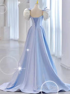 Modest Princess Short Sleeves Long Blue Satin Formal Prom Dresses