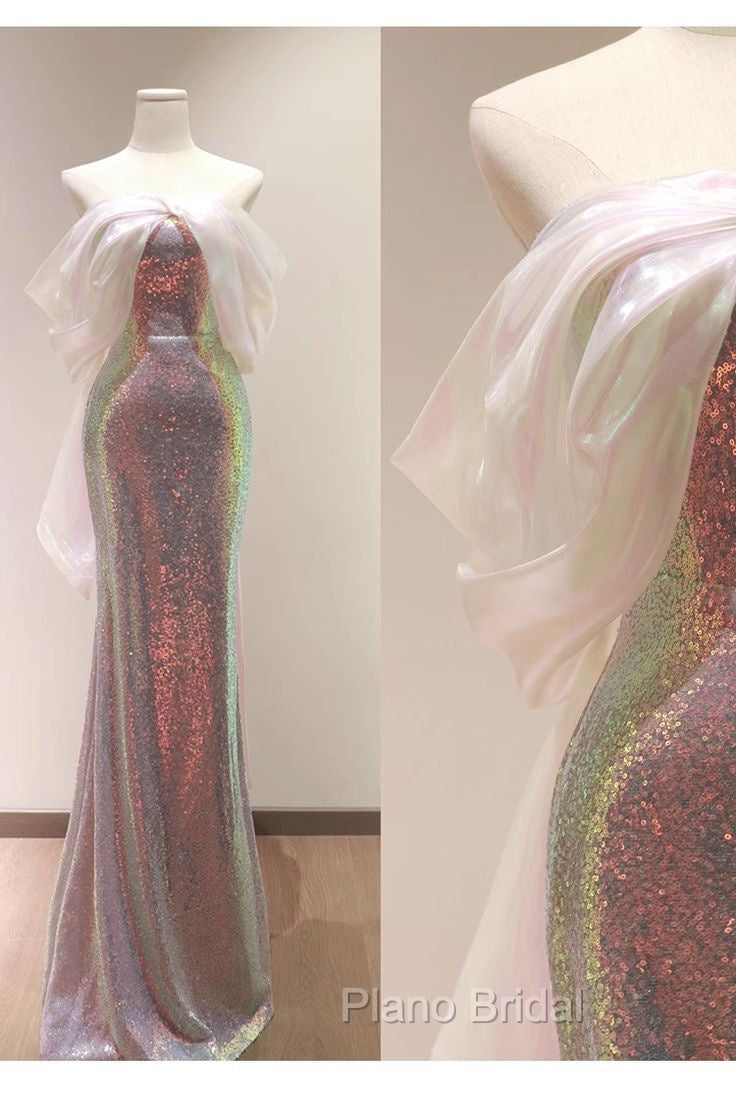 Modest Sheath Off The Shoulder Sequin Long Party Dresses Pink Formal Prom Dresses