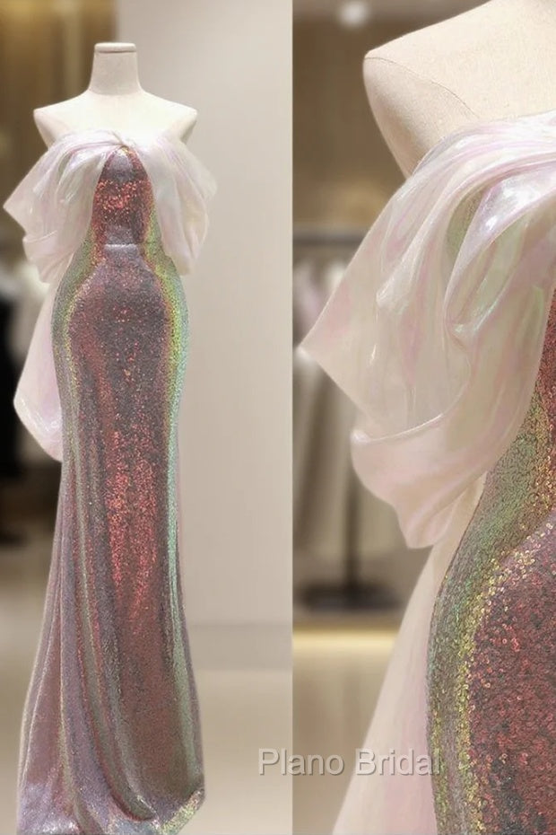 Modest Sheath Off The Shoulder Sequin Long Party Dresses Pink Formal Prom Dresses Main image