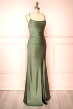Modest Sheath Olive Green Backless Long Formal Prom Dresses Formal Graduation Party Dresses Formal Evening Dresses