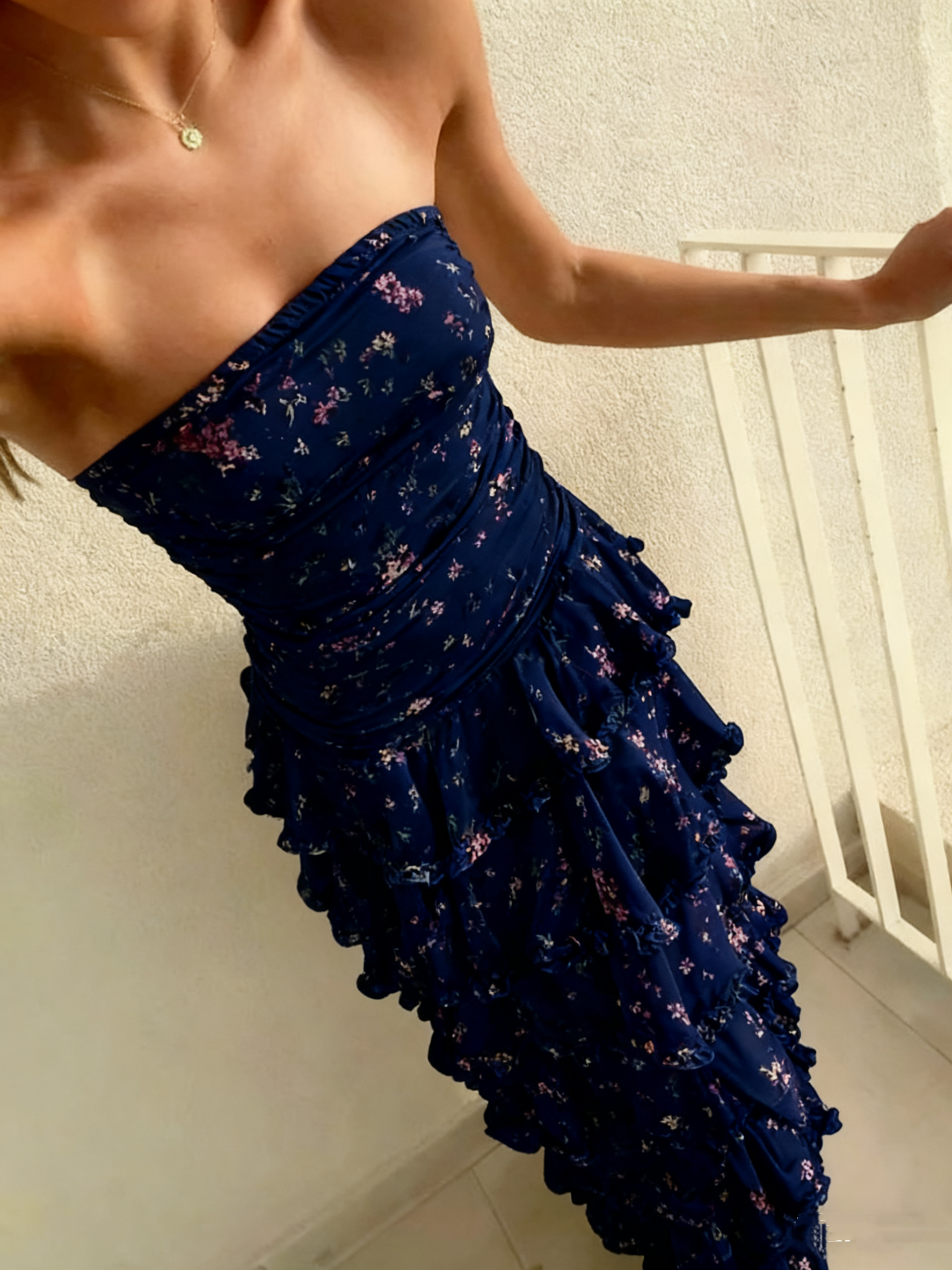 Modest Sheath Strapless Yellow Chiffon Floral Long Formal Prom Dresses Party Dresses 22Th Birthday Outfits Graduation Dresses