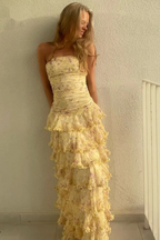 Modest Sheath Strapless Yellow Chiffon Floral Long Formal Prom Dresses Party Dresses 22Th Birthday Outfits Graduation Dresses