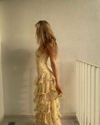 Modest Sheath Strapless Yellow Chiffon Floral Long Formal Prom Dresses Party Dresses 22Th Birthday Outfits Graduation Dresses