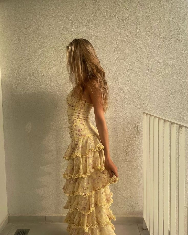 Modest Sheath Strapless Yellow Chiffon Floral Long Formal Prom Dresses Party Dresses 22Th Birthday Outfits Graduation Dresses