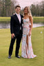 Modest Sheath Straps Sequin Slit Formal Prom Dresses