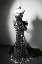Modest Silver Mermaid Strapless Sequin Tulle  Long Formal Prom Dresses Formal Evening Dresses