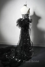 Modest Silver Mermaid Strapless Sequin Tulle  Long Formal Prom Dresses Formal Evening Dresses