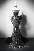Modest Silver Mermaid Strapless Sequin Tulle  Long Formal Prom Dresses Formal Evening Dresses