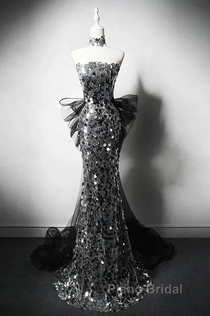 Modest Silver Mermaid Strapless Sequin Tulle  Long Formal Prom Dresses Formal Evening Dresses