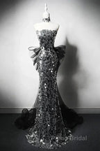 Modest Silver Mermaid Strapless Sequin Tulle  Long Formal Prom Dresses Formal Evening Dresses
