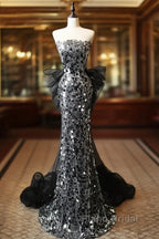 Modest Silver Mermaid Strapless Sequin Tulle  Long Formal Prom Dresses Formal Evening Dresses