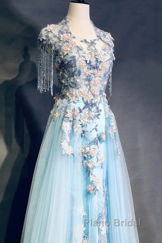 Modest Sky Blue A-Line Tulle Beading Embroidery Appliques Long Formal Prom Dresses Pageant Gown Secondary image