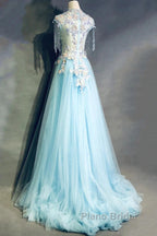 Modest Sky Blue A-Line Tulle Beading Embroidery Appliques Long Formal Prom Dresses Pageant Gown