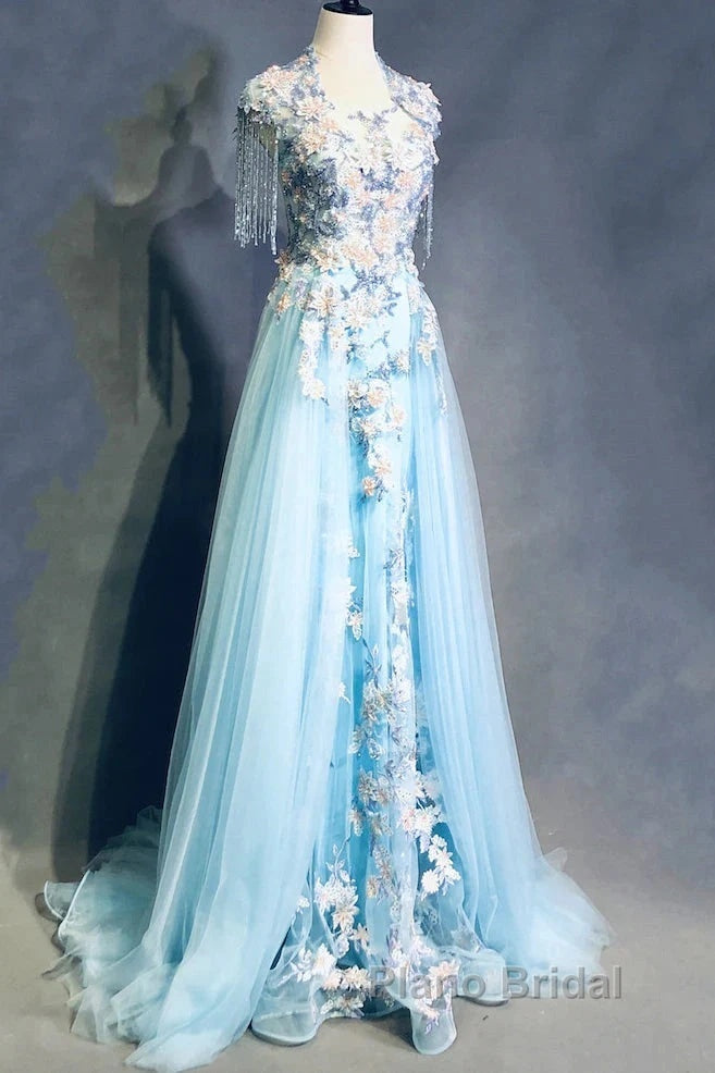 Modest Sky Blue A-Line Tulle Beading Embroidery Appliques Long Formal Prom Dresses Pageant Gown