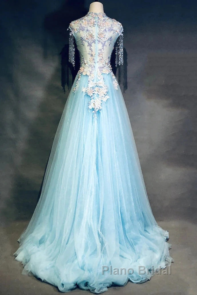 Modest Sky Blue A-Line Tulle Beading Embroidery Appliques Long Formal Prom Dresses Pageant Gown