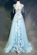 Modest Sky Blue A-Line Tulle Beading Embroidery Appliques Long Formal Prom Dresses Pageant Gown