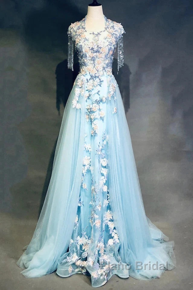 Modest Sky Blue A-Line Tulle Beading Embroidery Appliques Long Formal Prom Dresses Pageant Gown