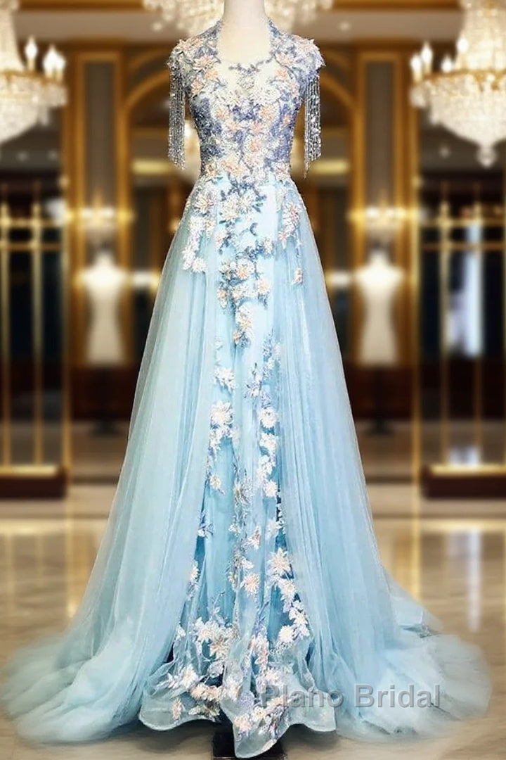Modest Sky Blue A-Line Tulle Beading Embroidery Appliques Long Formal Prom Dresses Pageant Gown Main image