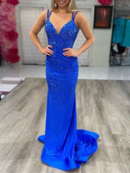 Modest Trendy Mermaid Spaghetti Straps Navy Blue Sequins Formal Prom Dresses Style Long Senior High School Dance Party Dresses