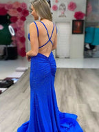 Modest Trendy Mermaid Spaghetti Straps Navy Blue Sequins Formal Prom Dresses Style Long Senior High School Dance Party Dresses