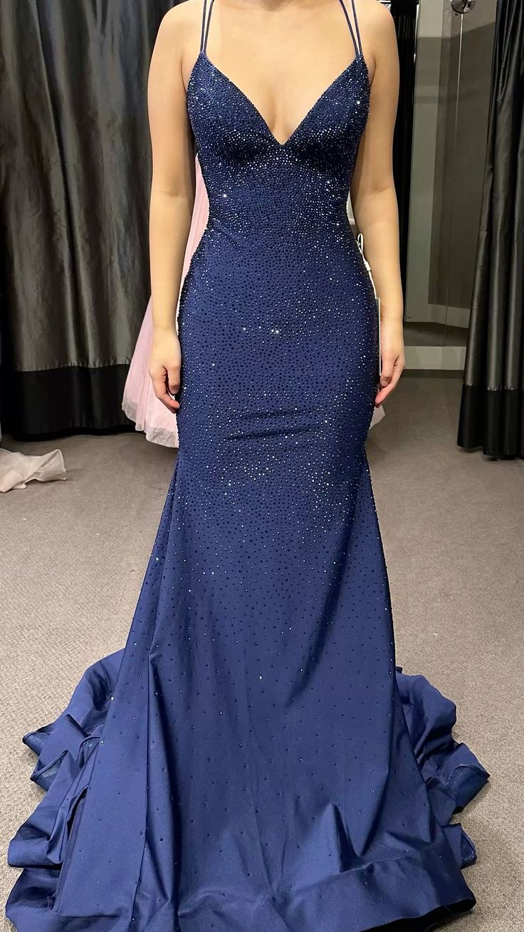 Modest Trendy Mermaid Spaghetti Straps Navy Blue Sequins Formal Prom Dresses Style Long Senior High School Dance Party Dresses