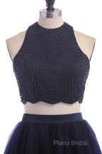 Modest Two Pieces Sleeveless Hollow Navy Blue Homecoming Dresses