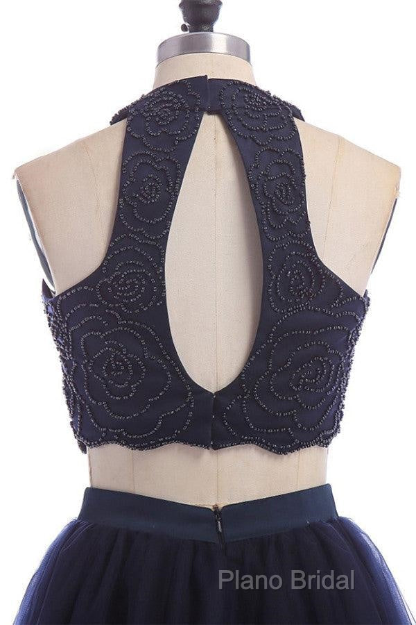 Modest Two Pieces Sleeveless Hollow Navy Blue Homecoming Dresses