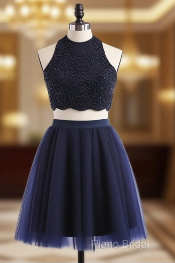 Modest Two Pieces Sleeveless Hollow Navy Blue Homecoming Dresses Main image