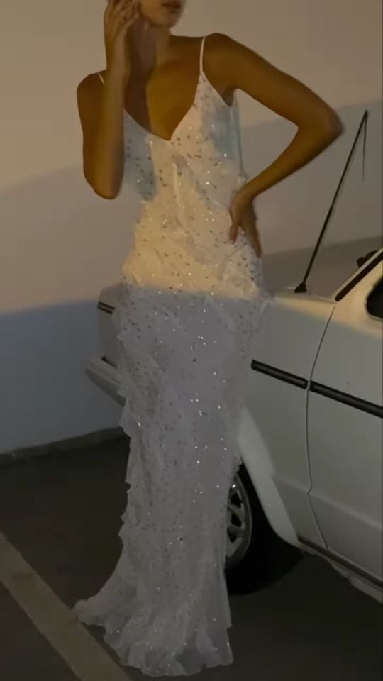 Modest V Neckline White Long Formal Prom Dresses Formal Evening Gown