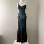Vintage-Inspired Formal Evening Dresses ©µ Blue Satin Spaghetti Straps Coffee Chiffon Long Formal Prom Dresses With Beading