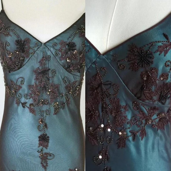 Vintage-Inspired Formal Evening Dresses ©µ Blue Satin Spaghetti Straps Coffee Chiffon Long Formal Prom Dresses With Beading