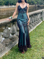 Vintage-Inspired Formal Evening Dresses ©µ Blue Satin Spaghetti Straps Coffee Chiffon Long Formal Prom Dresses With Beading