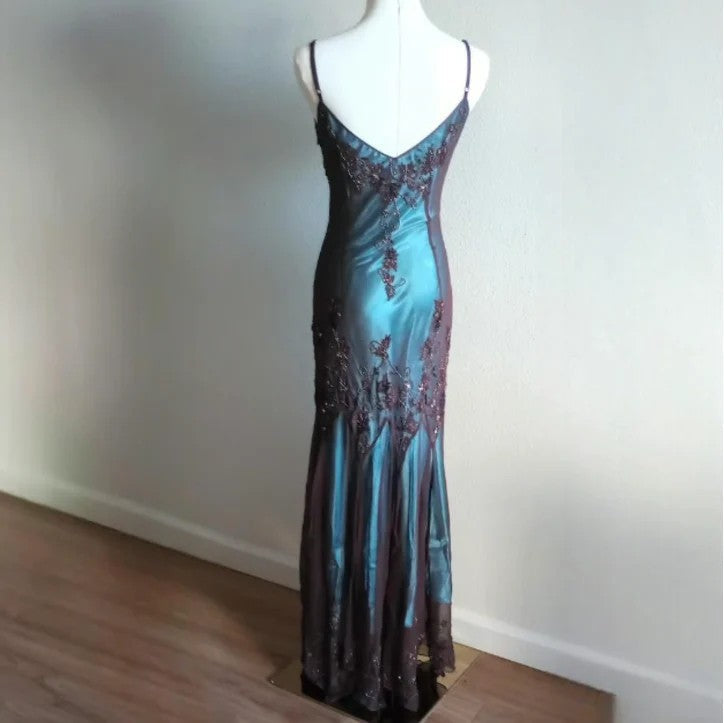 Vintage-Inspired Formal Evening Dresses ©µ Blue Satin Spaghetti Straps Coffee Chiffon Long Formal Prom Dresses With Beading