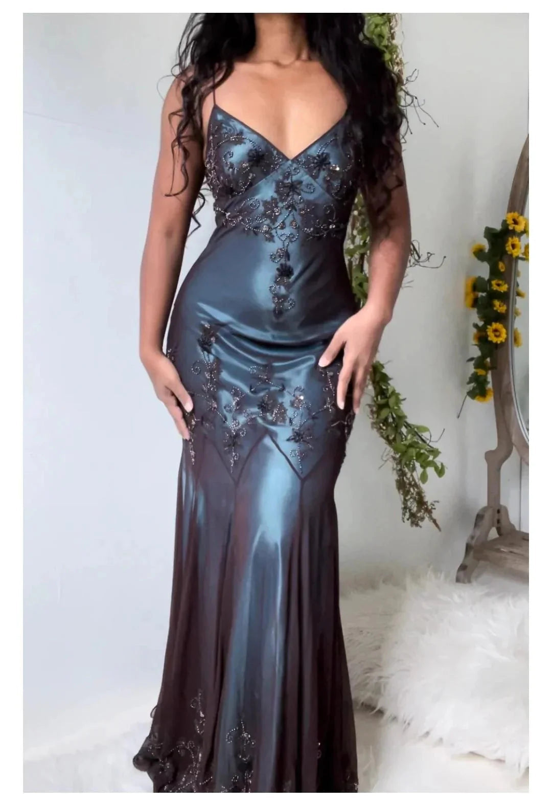 Vintage-Inspired Formal Evening Dresses ©µ Blue Satin Spaghetti Straps Coffee Chiffon Long Formal Prom Dresses With Beading