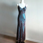 Vintage-Inspired Formal Evening Dresses ©µ Blue Satin Spaghetti Straps Coffee Chiffon Long Formal Prom Dresses With Beading
