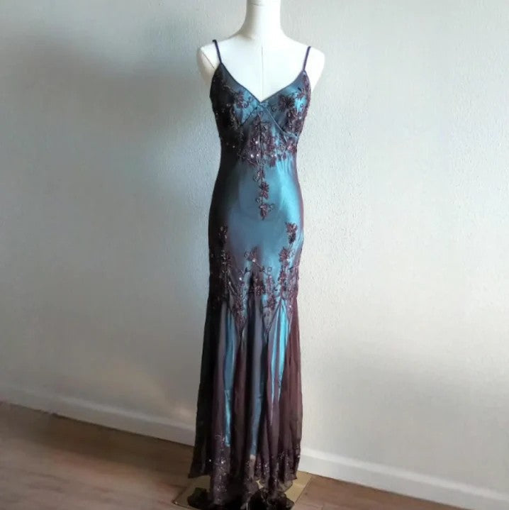 Vintage-Inspired Formal Evening Dresses ©µ Blue Satin Spaghetti Straps Coffee Chiffon Long Formal Prom Dresses With Beading