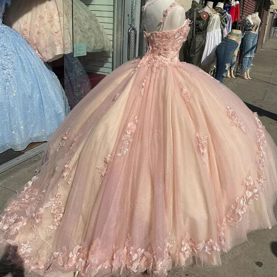 Pink/Purple/Green Sweet Lace Applique Long Tulle Quinceanera Dresses Ball Gown Formal Evening Dresses Secondary image