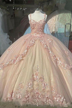 Pink/Purple/Green Sweet Lace Applique Long Tulle Quinceanera Dresses Ball Gown Formal Evening Dresses