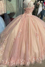 Pink/Purple/Green Sweet Lace Applique Long Tulle Quinceanera Dresses Ball Gown Formal Evening Dresses