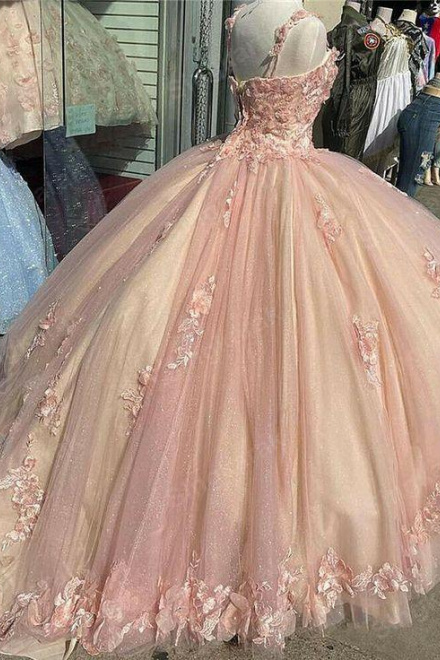 Pink/Purple/Green Sweet Lace Applique Long Tulle Quinceanera Dresses Ball Gown Formal Evening Dresses