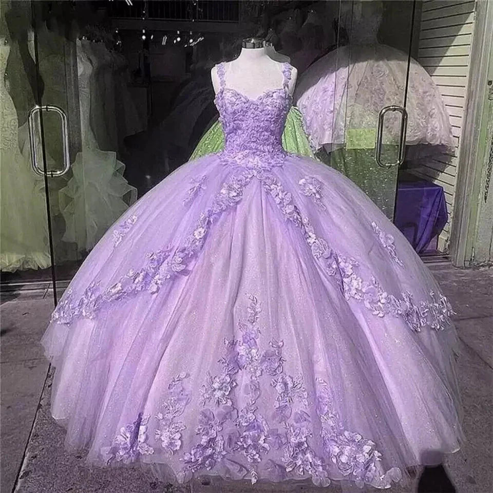 Pink/Purple/Green Sweet Lace Applique Long Tulle Quinceanera Dresses Ball Gown Formal Evening Dresses