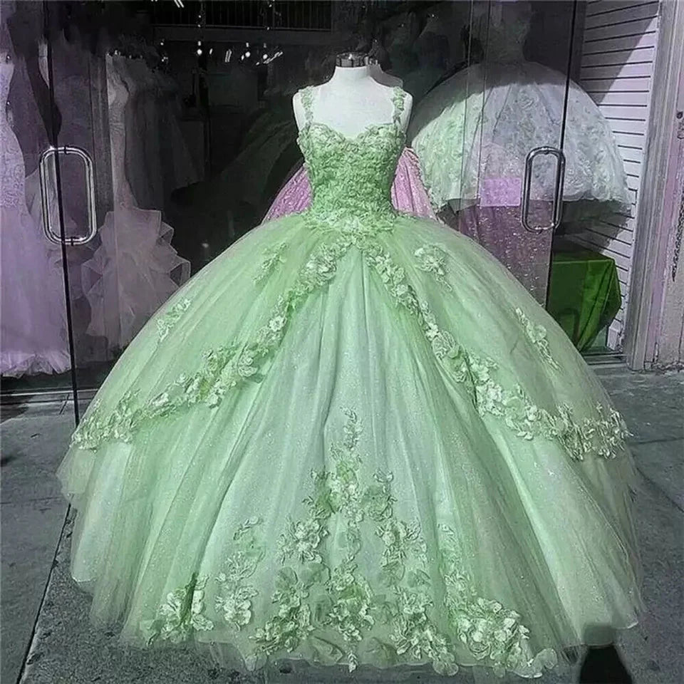 Pink/Purple/Green Sweet Lace Applique Long Tulle Quinceanera Dresses Ball Gown Formal Evening Dresses
