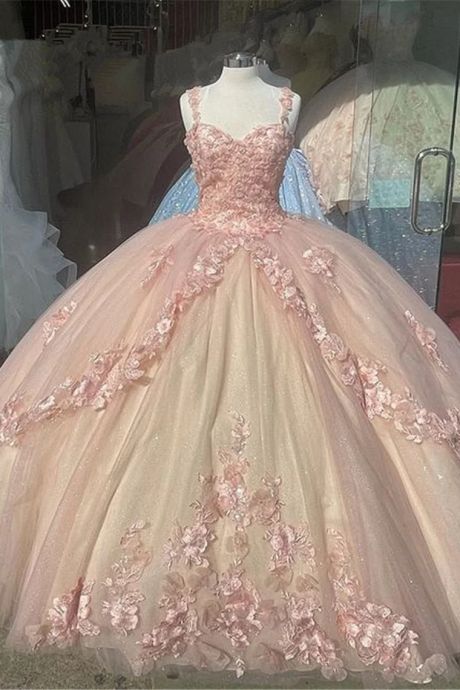Pink/Purple/Green Sweet Lace Applique Long Tulle Quinceanera Dresses Ball Gown Formal Evening Dresses