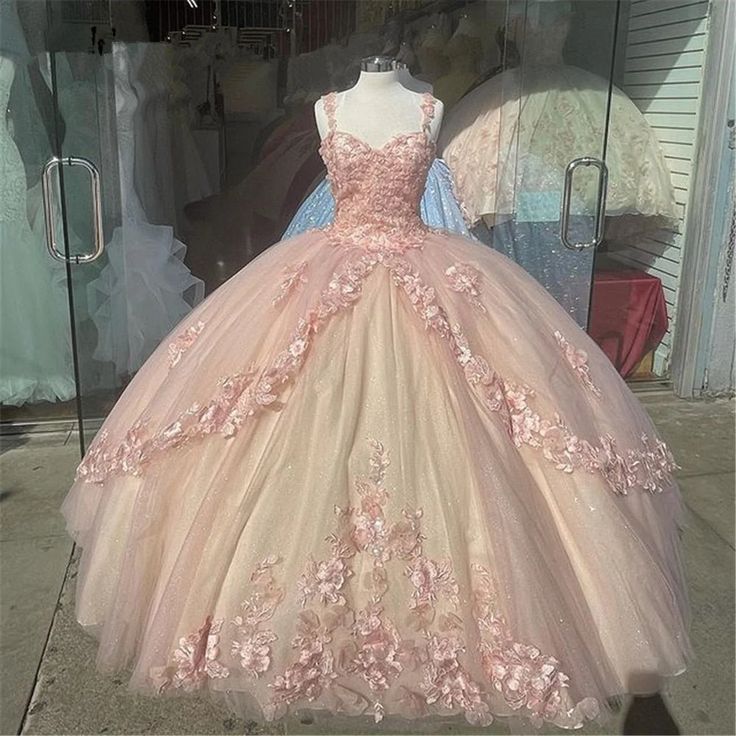 Pink/Purple/Green Sweet Lace Applique Long Tulle Quinceanera Dresses Ball Gown Formal Evening Dresses