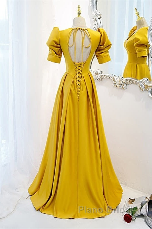 Mustard Yellow Satin Backless Dresses With Sleeves Secondary image