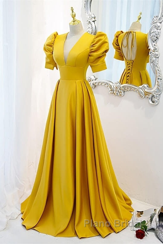 Mustard Yellow Satin Backless Dresses With Sleeves
