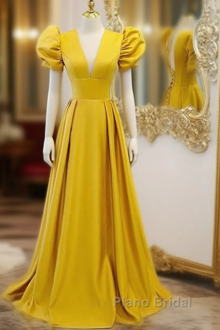 Mustard Yellow Satin Backless Dresses With Sleeves Main image