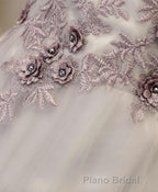 Gray A Line Off Shoulder Floor Length Formal Prom Dresses, Lace Evening Dresses