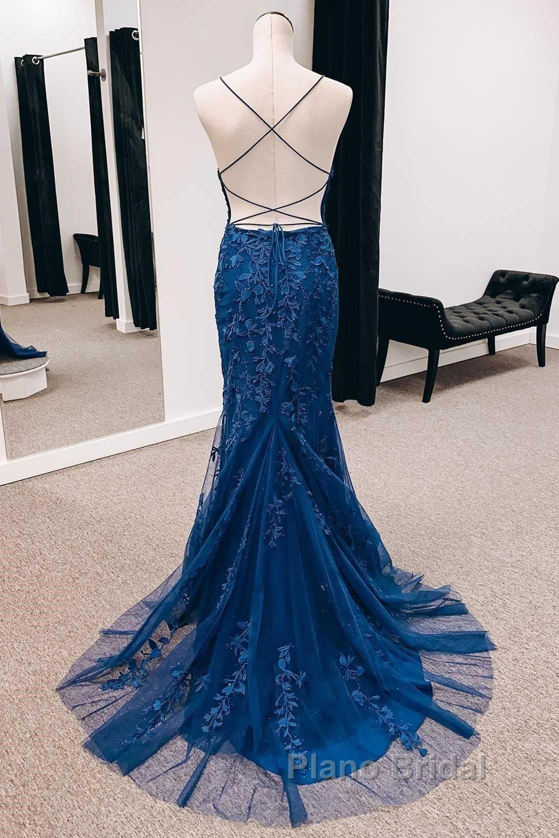 Navy Appliques Lace-Up Back Mermaid Long Formal Prom Dresses With Slit